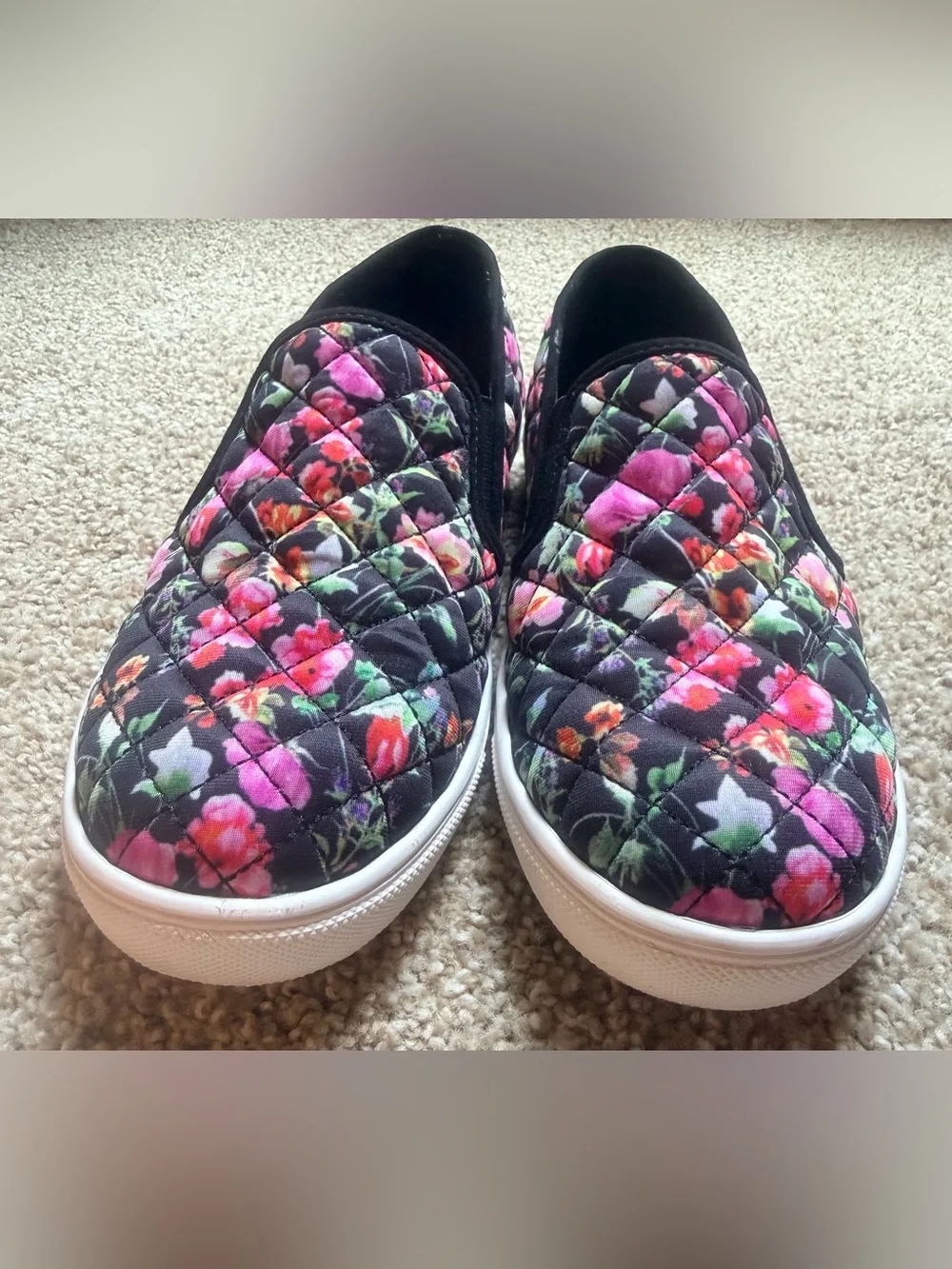 Steve Madden Black Quilted Slip-On Sneakers with Pink Floral Print